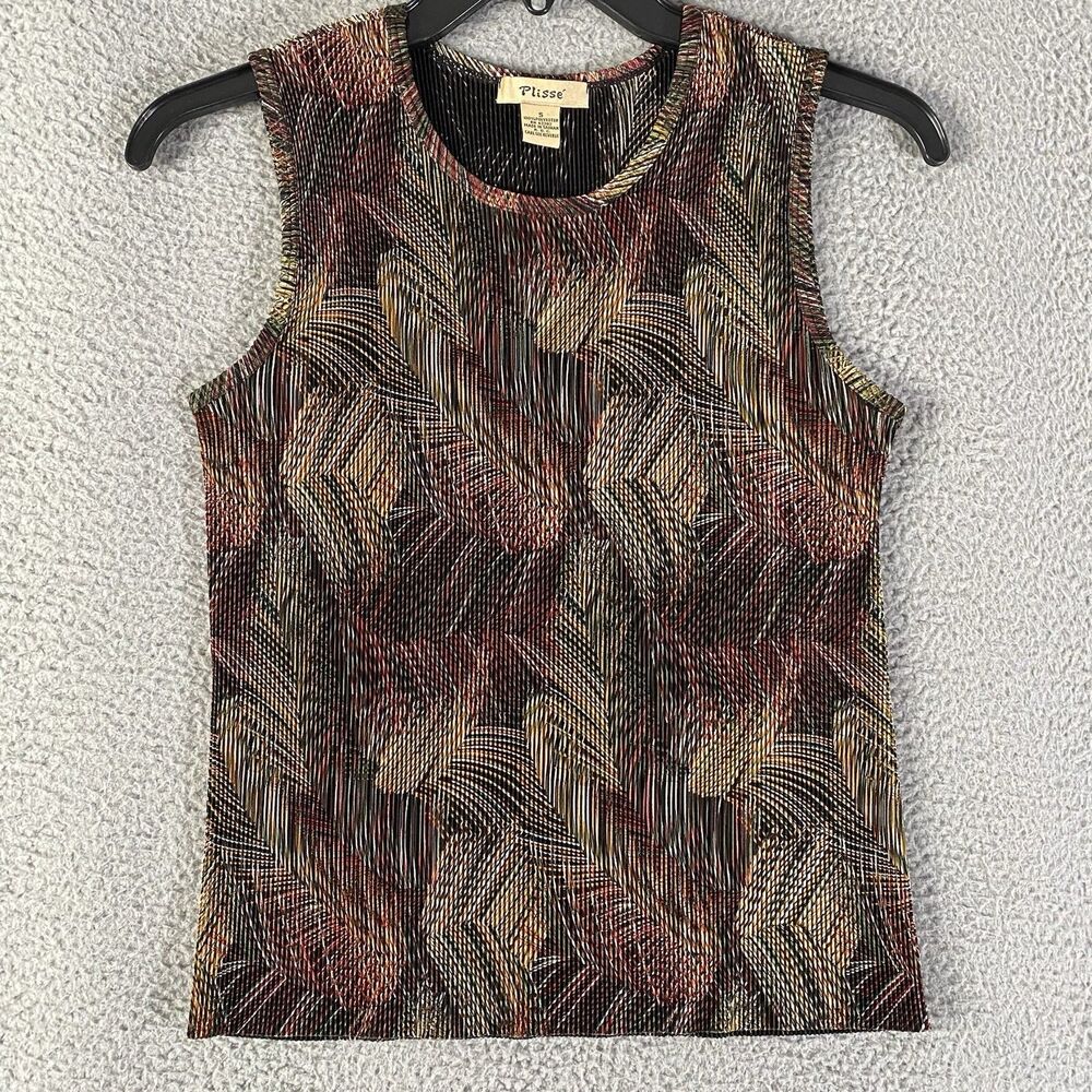 Vintage Plisse Tank Top Women Small Black Yellow Red Sleeveless Pleated Boho Y2K